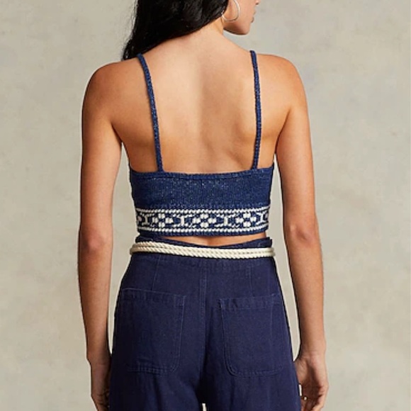 POLO by Ralph Lauren Geo-Motif Knitted Crop Top Woven Crochet Navy Bralette LG - Picture 6 of 9